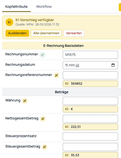 Kopfattribute einer Rechnung im billerbeck DMS: unter den Feldern Rechnungsreferenz, Währung, Netto- und Steuerbetrag steht jeweils der Wert, den die KI aus dem Beleg gelesen hat