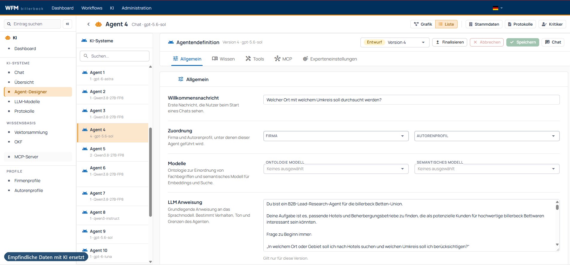 Agentendesigner in billerbeck: links die eingerichteten Agenten mit ihrem Modell, rechts die Definition mit den Reitern Allgemein, Wissen, Tools, MCP und Experteneinstellungen