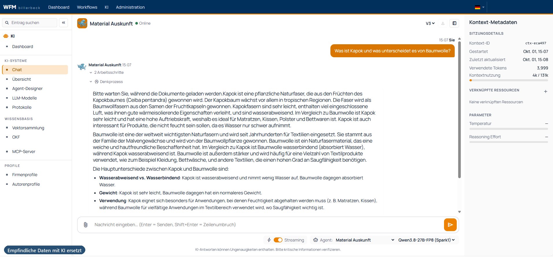Chatfenster in billerbeck KI: eine Frage zum Unterschied zwischen Kapok und Baumwolle, darunter die Antwort des Agenten mit zwei Arbeitsschritten, rechts Kontext-ID, verbrauchte Token und Auslastung des Kontextfensters