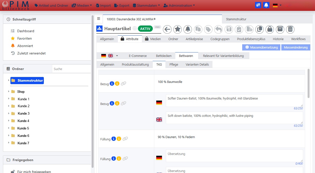 Artikelmaske im billerbeck PIM: Attributekatalog Bettwaren mit deutschen und englischen Werten und Zeichenzähler