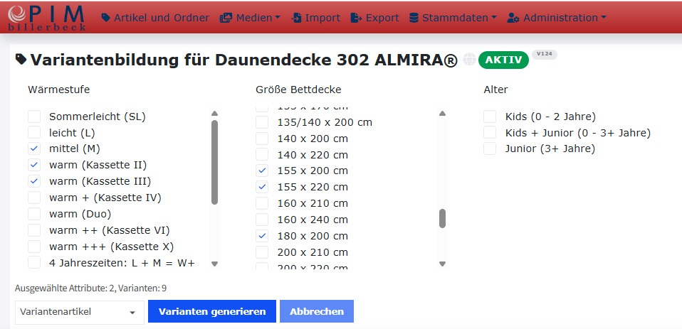 Dialog zur Variantenbildung im billerbeck PIM: Wärmestufe, Größe und Alter ausgewählt, neun Varianten werden erzeugt