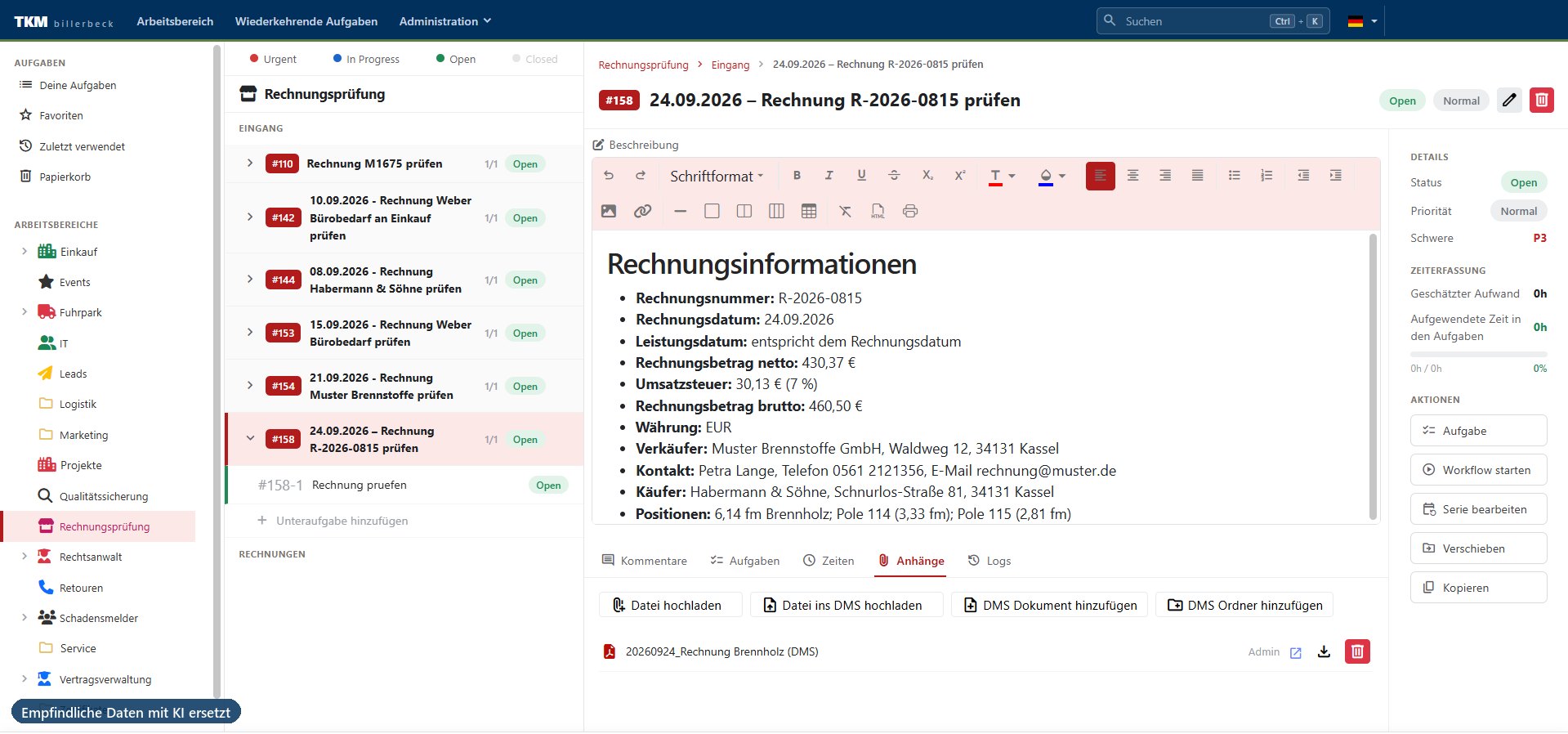 Originalansicht von billerbeck Tasks: Arbeitsbereich Rechnungsprüfung mit offenen Rechnungen, eine geöffnete Prüfaufgabe mit den Rechnungsangaben und der Rechnung als DMS-Anhang