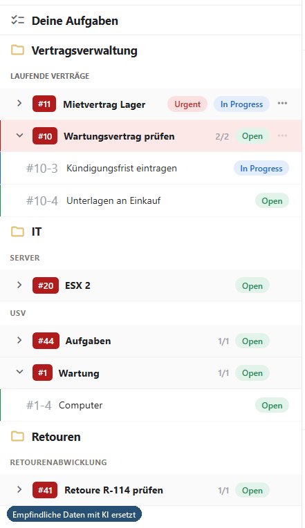 Die eigene Aufgabenliste in billerbeck Tasks: Aufgaben aus Vertragsverwaltung, IT und Retouren, nach Arbeitsbereich gruppiert und mit Status wie Urgent, In Progress und Open