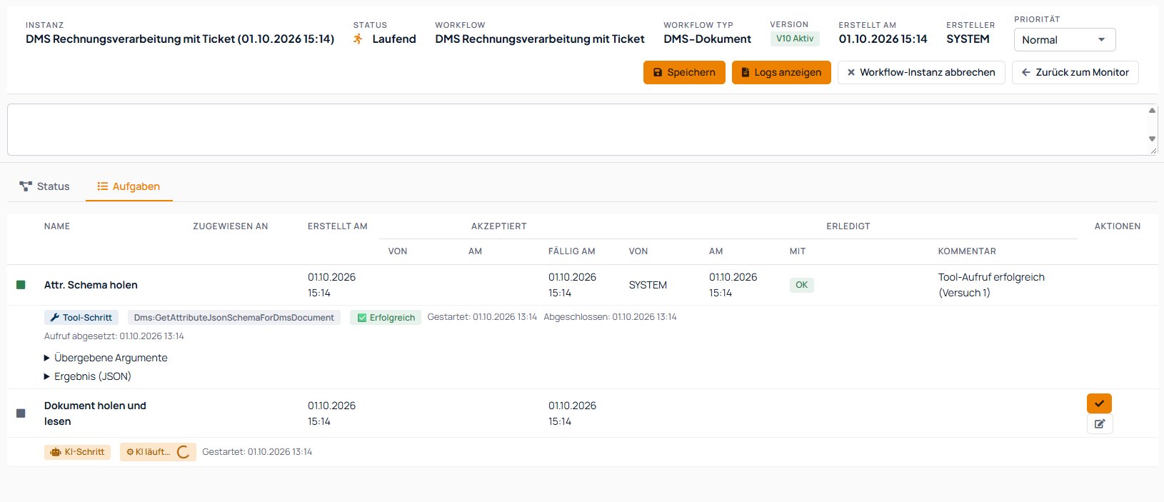 Laufende Workflow-Instanz „DMS Rechnungsverarbeitung mit Ticket“: ein erfolgreicher Tool-Schritt, der das Attributschema aus dem DMS holt, darunter ein KI-Schritt, der das Dokument liest
