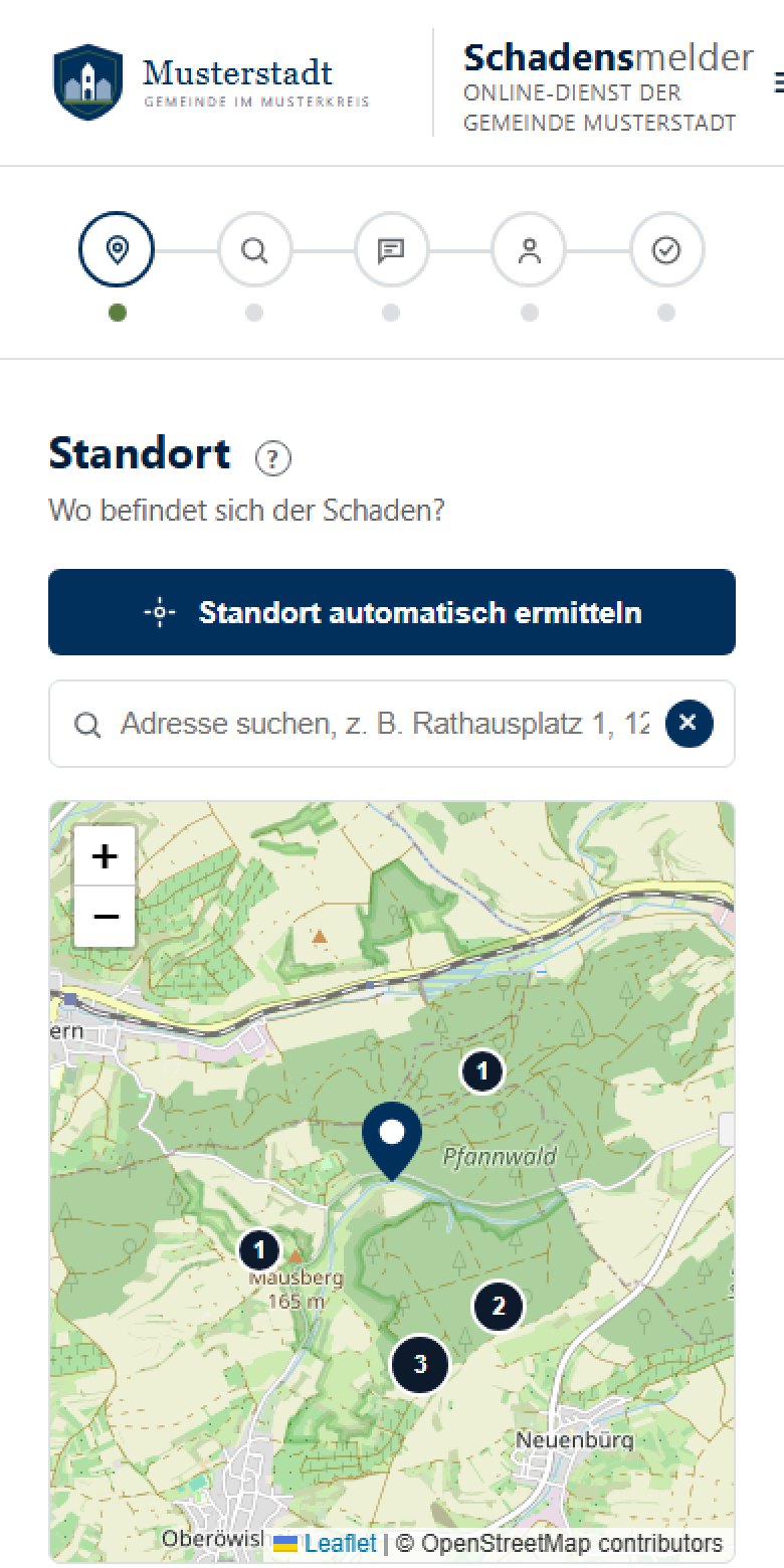 Mängelmelder der Gemeinde Musterstadt auf dem Telefon, Schritt 1 von 5: Standort per Karte, Adresssuche oder automatischer Ortung festlegen