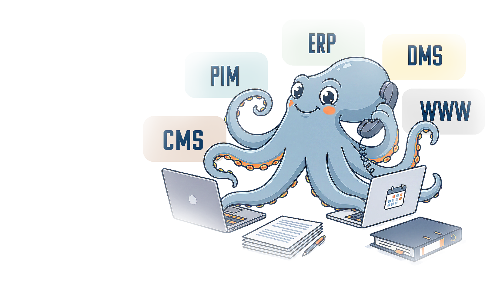 OkKI, das Oktopus-Maskottchen von billerbeck KI, bedient gleichzeitig mehrere Systeme: CMS, PIM, ERP, DMS und Web.
